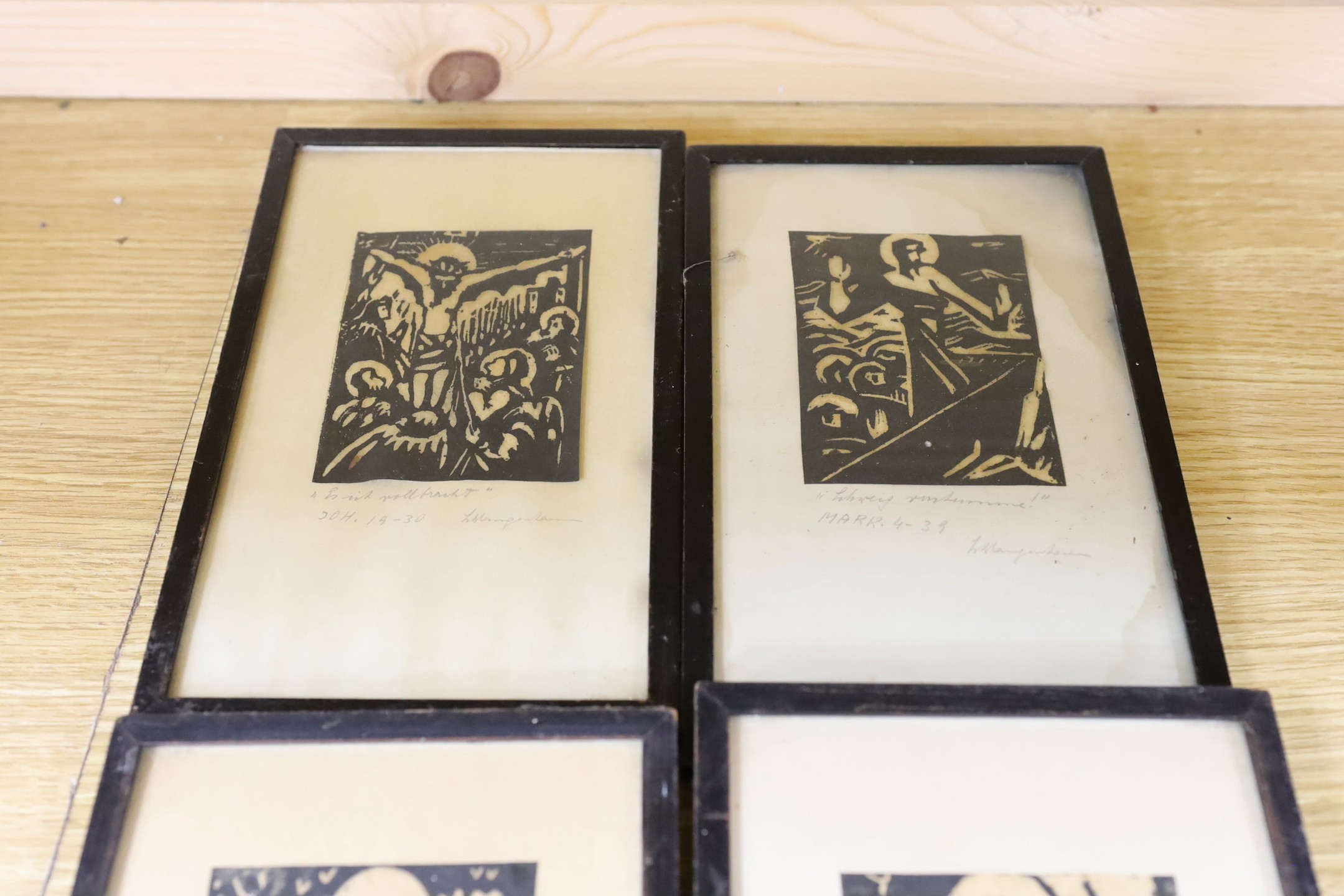 A group of six German woodblock prints, titled biblical scenes, frames 24 x 15cm